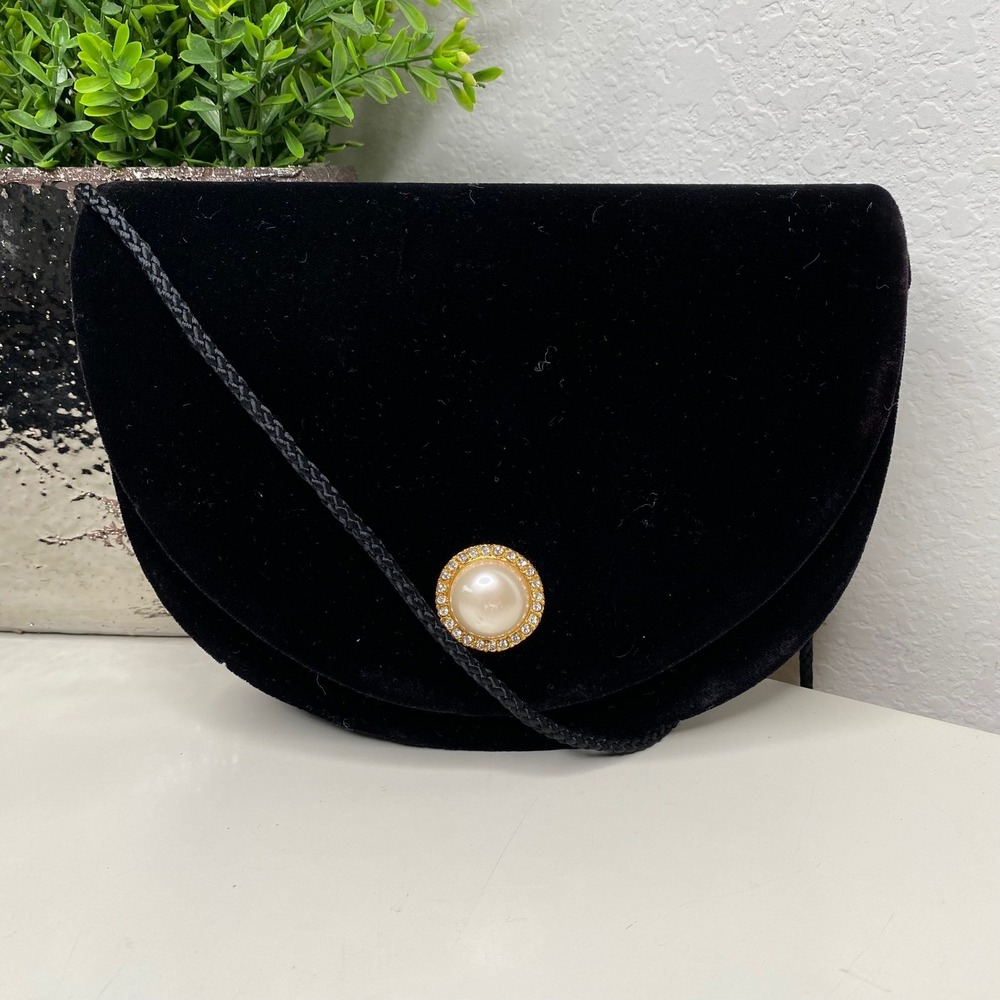 Partners Vintage Black‎ Velvet Pearl Rhinestone Crossbody Clutch Evening Bag